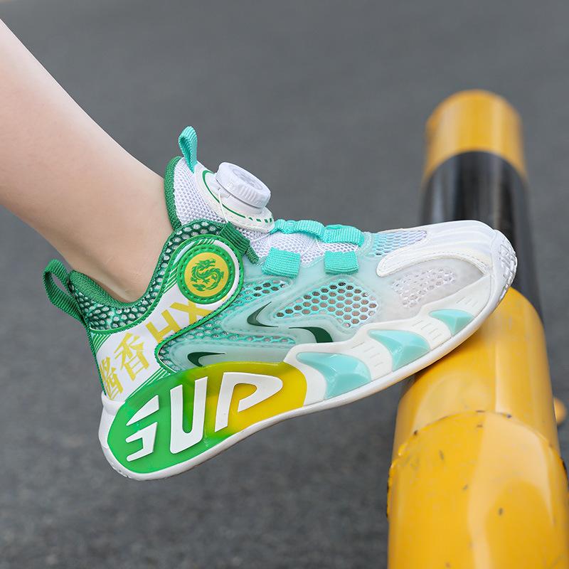 Children's Basketball Shoes Summer Single Mesh Breathable Shoes Adolescent Boys and Girls Sports Shoes Rotating Buckle Student Running Shoes