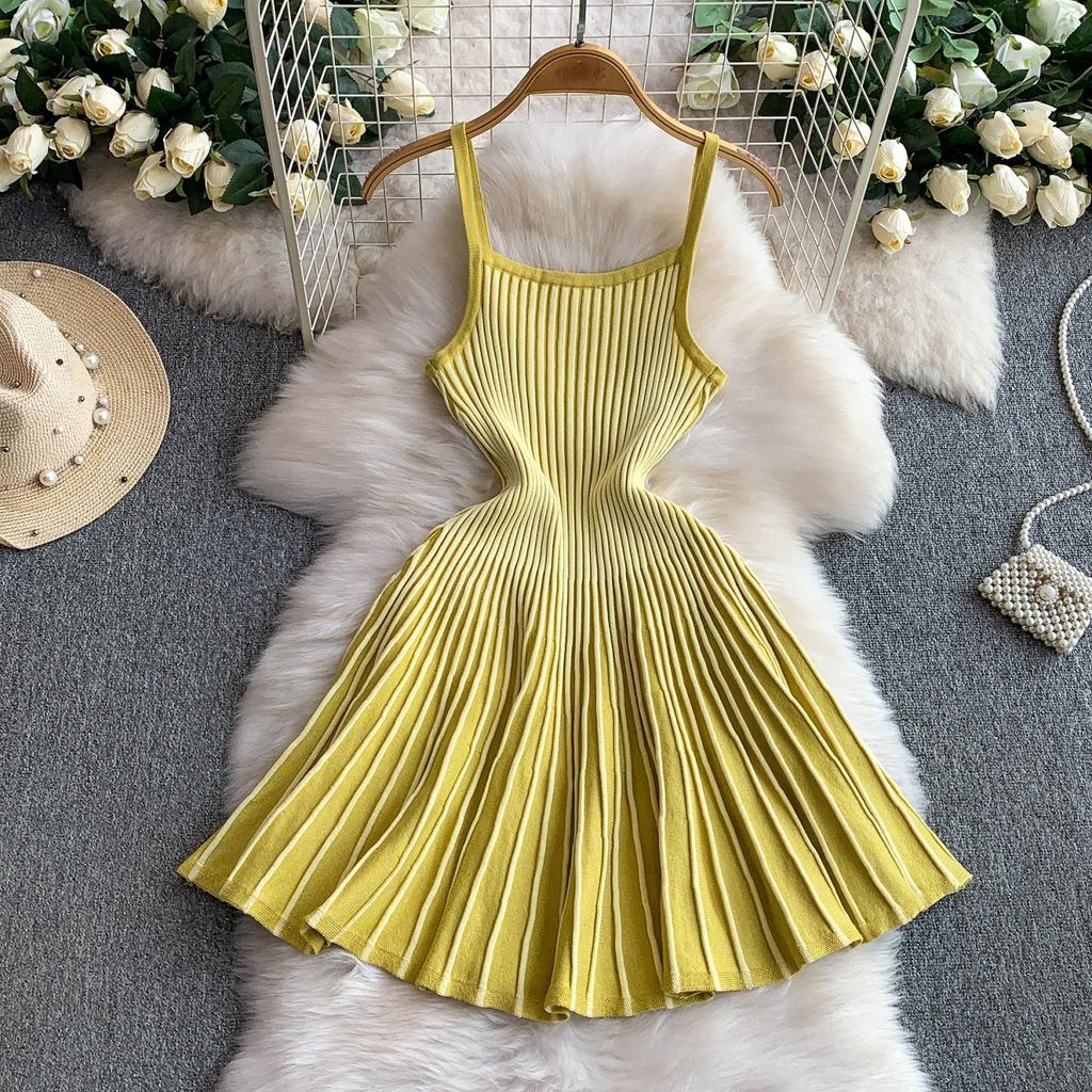 Small man pure desire backless suspender dress women's summer new striped knitted waist thin a word short skirt