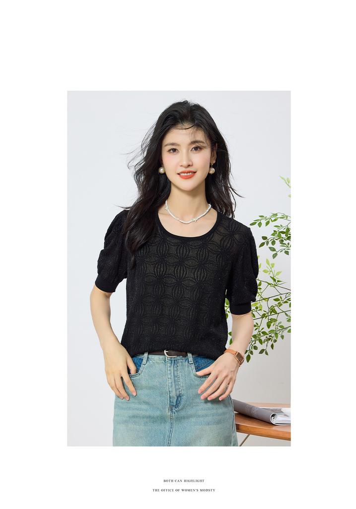 2025 Summer New High end Round Neck Lantern Sleeve Flower Jacquard Short Sleeve T-shirt Fashion Knitted Top