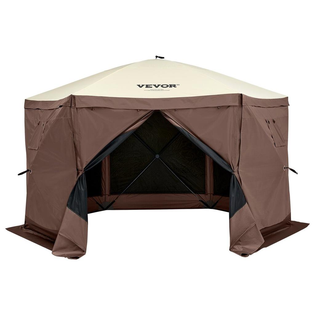Pop Up Gazebo Tent Pop-Up Screen Tent 6 Sided Canopy Sun Shelter Brown