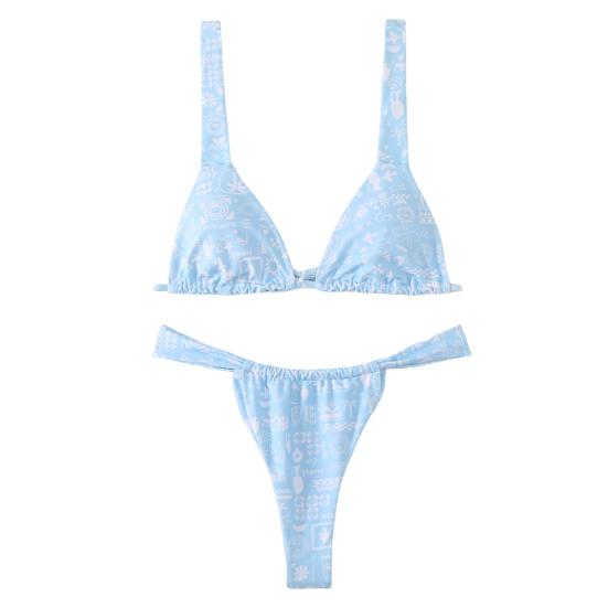 

2 шт./компл. женский сексуальный комплект бикини с цветочным принтом, бюстгальтер с v-образным вырезом, трусы с высокой талией, быстросохнущий купальник, двусторонний пляжная одежда M светло-синий