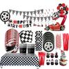 Black & White Racing Party Disposable Tableware Set: Paper Plates & Cups for Boy's Birthday