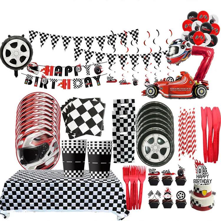 

Black & White Racing Party Disposable Tableware Set: Paper Plates & Cups for Boy s Birthday 2 18-inch Round Balloons - B