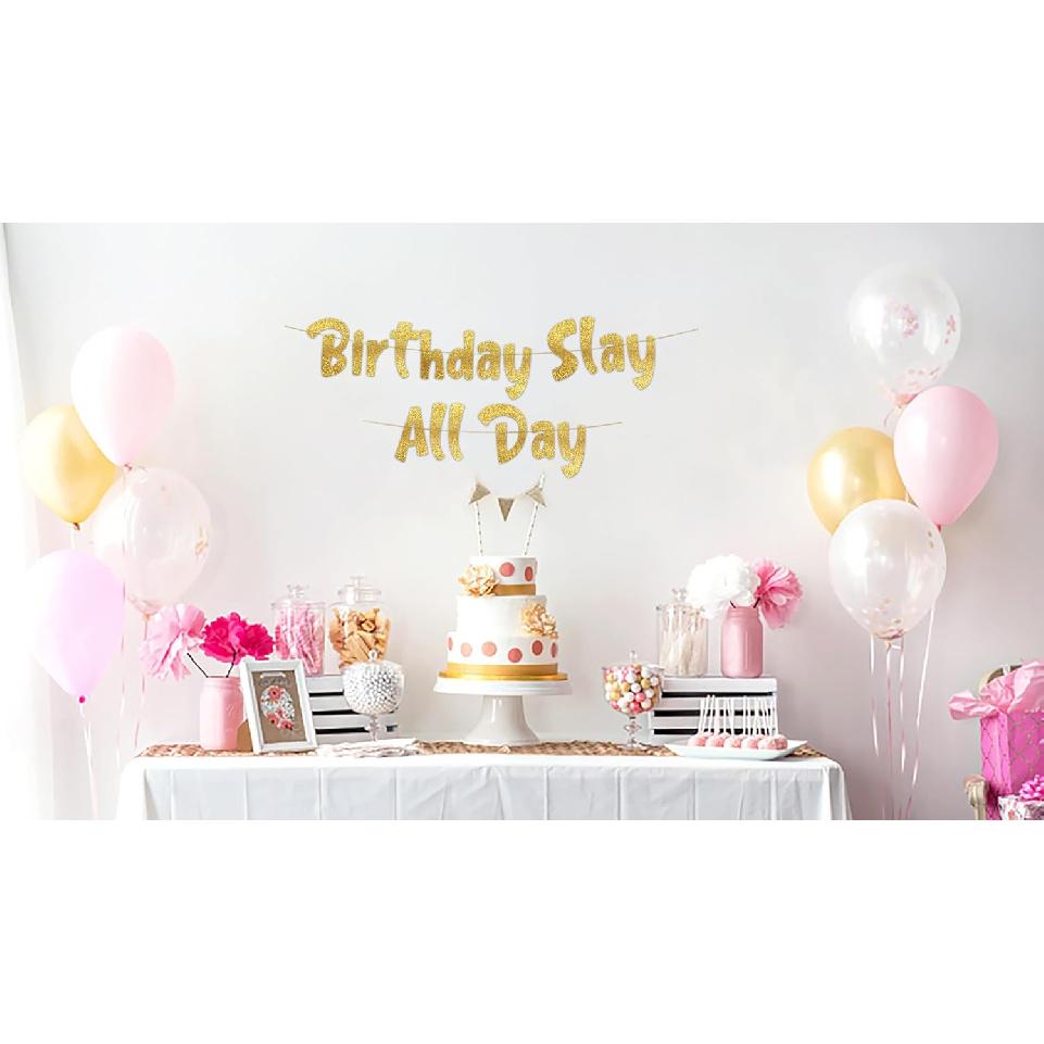 Birthday Slay All Day Gold Glitter Banner - Gen Z Slag - Funny Zoomer Birthday Decorations, Favors, Supplies, Ideas and Gifts
