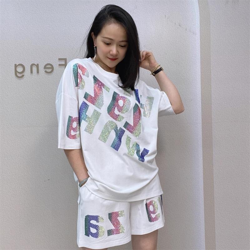 

Женский летний костюм с коротким рукавом, футболка и шорты, повседневный, с горячей отделкой, широкие брюки, комплект из двух предметов 3XL белый