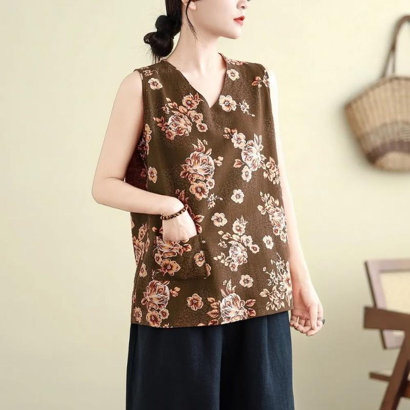 

Women s Sleeveless V-Neck Tank Top Floral Print Loose Casual Comfortable Summer Daily Blouse L коричневий