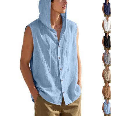Mens Sleeveless Linen Hooded Shirt Button Down Breathable Relaxed Fit Casual Vest Top Lightweight Summer Apparel