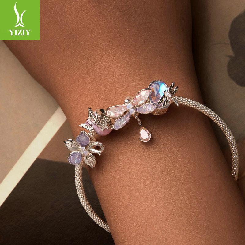 Dream Insect Series Diy Bracelet Beads, Purple Dragonfly Butterfly S925 Silver Beaded Accessories