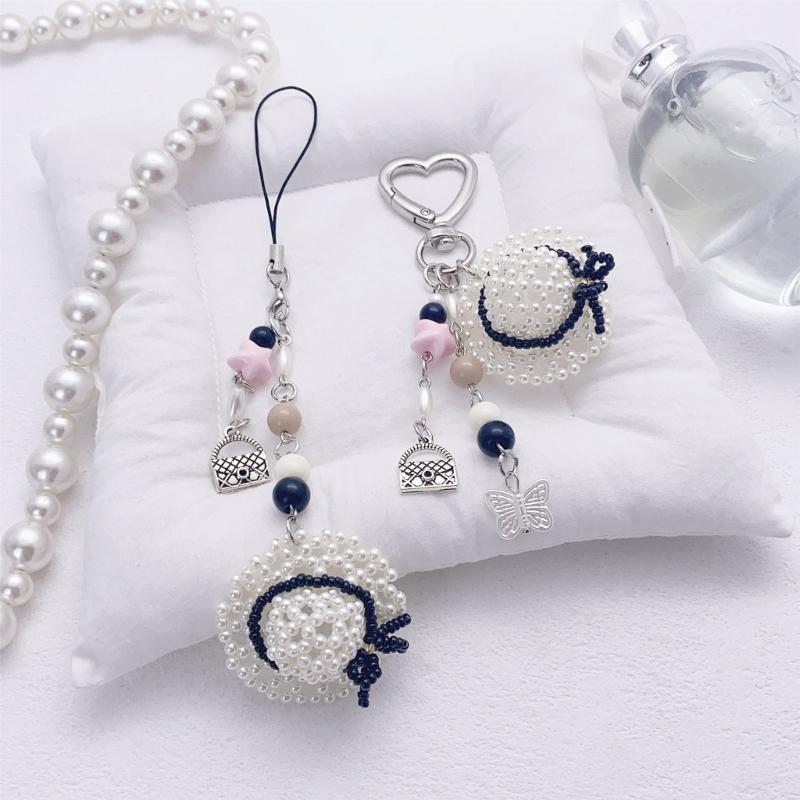Fashionable Pearls Hat Keychain Lovely Beaded Charm for Women Aesthetic Bag and Purse Accessories Daily Casual Use