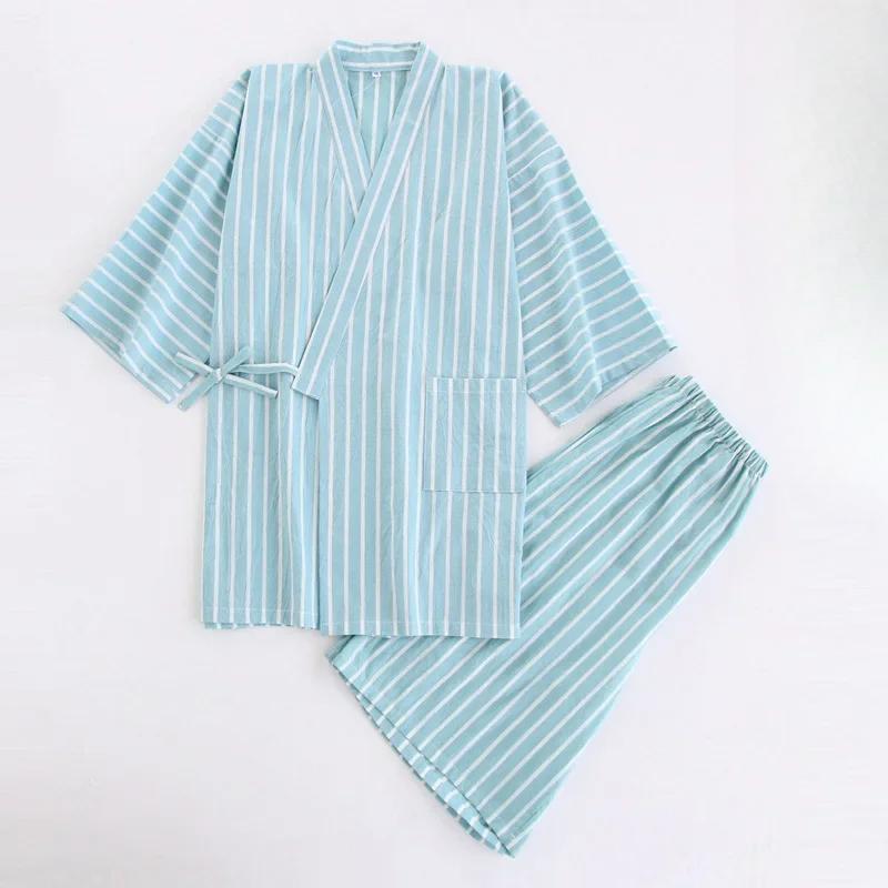 

Бавовняні тонкі смугасті піжами для чоловіків і жінок Кімоно Шорти з короткими рукавами Парні піжами Літній V-подібний виріз Домашній одяг M