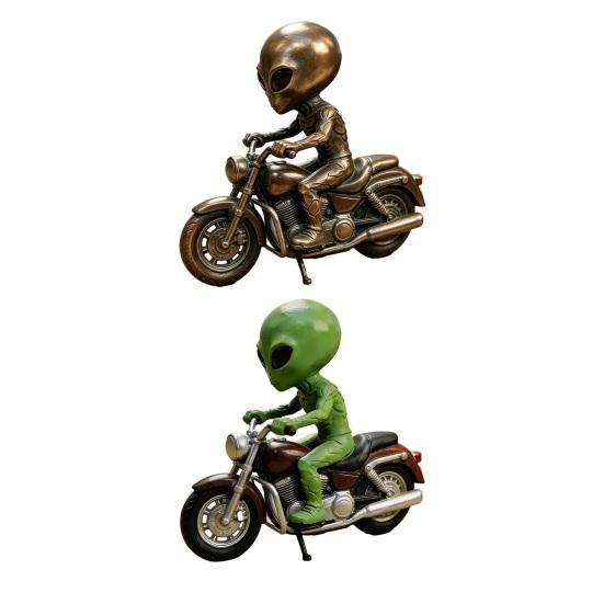 Alien Gnome Resin Statue, Sitting on Motorcycle Decorative Gnome Ornament, Waterproof Hand-Painted Garden Sculpture, for Indoor Outdoor Use