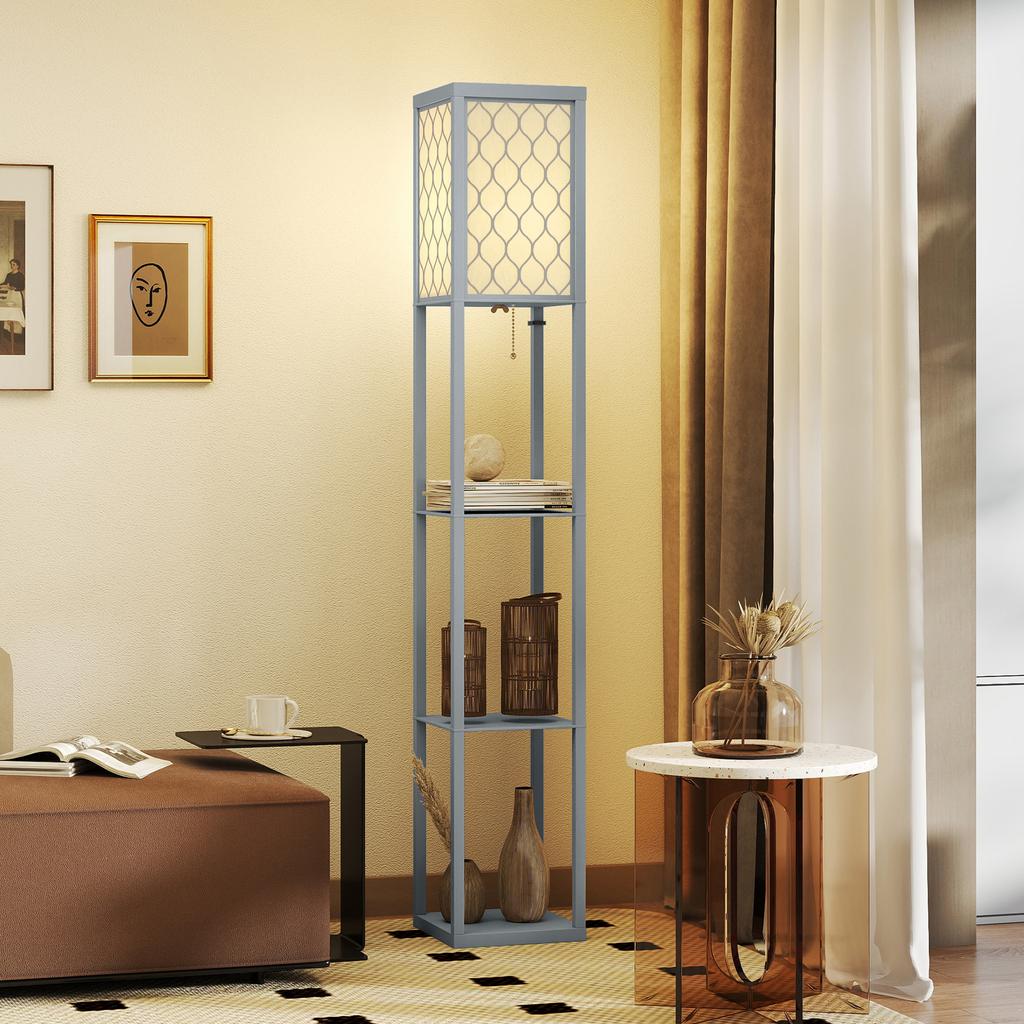 Floor Lamp with Shelf, 3 Compartments, Compact Dimensions, MDF, Light Grey
