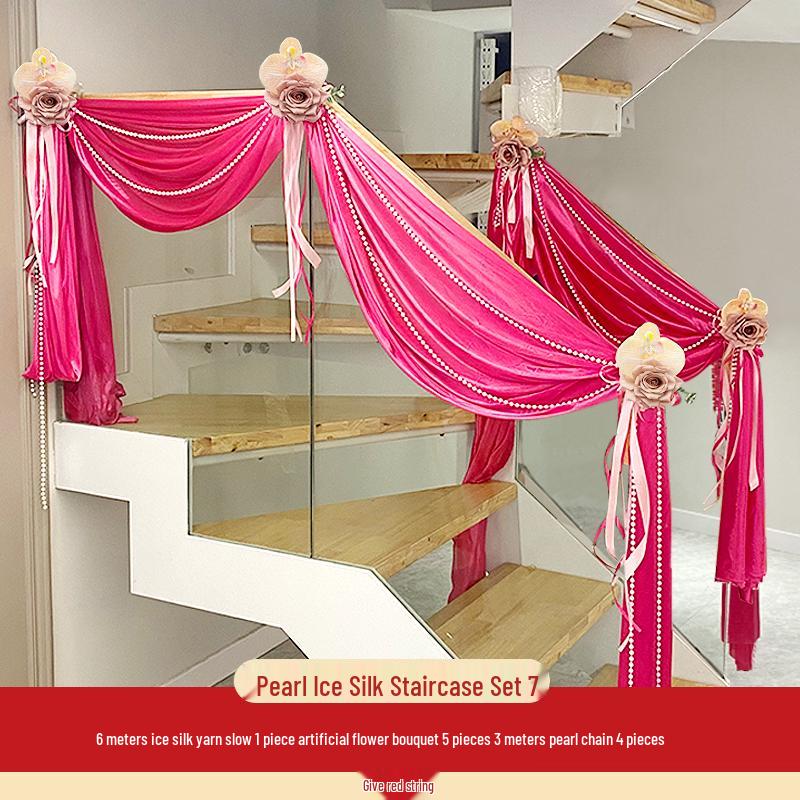 Romantic Wedding Staircase Handrail Decoration Set with Tulle, Balloons, and Pull Flowers
