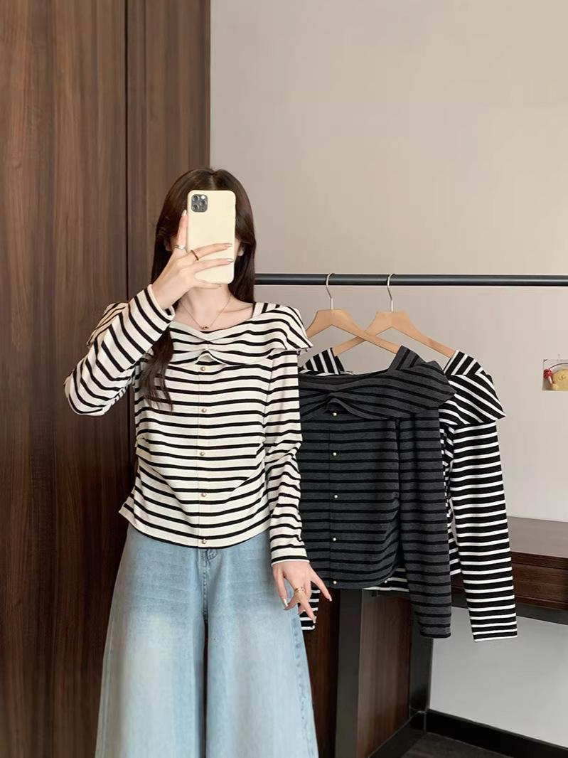 2026 Spring Plus Size Women s Sweet Striped Square Neck Long Sleeve Top Extra Extra Extra Large (XXXL)