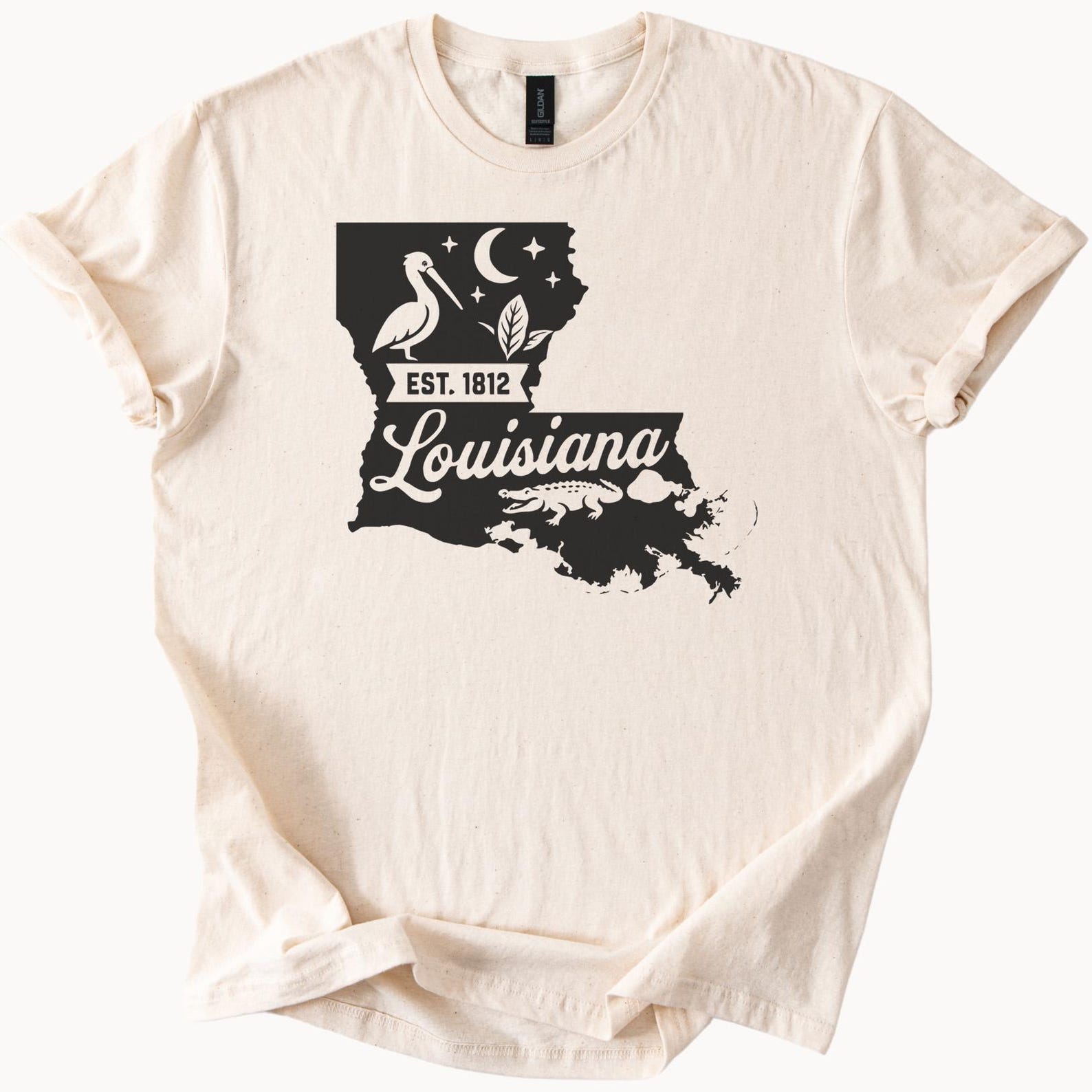 Louisiana State Graphic Tee Est 1812 Pelican Moon Leaf Alligator Souvenir Shirt Soft Louisiana Outline Nature Design Gifts 120