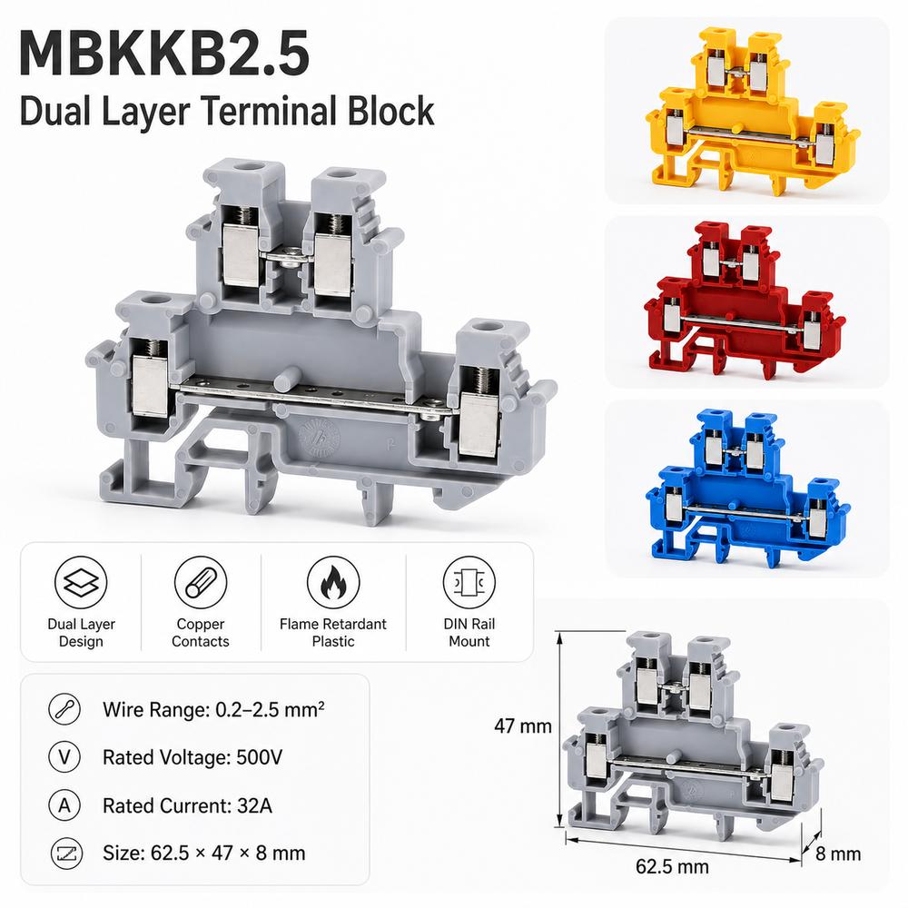 Double Level Electrical Terminal Block 4-Conductor DIN Rail Terminal Industrial Control