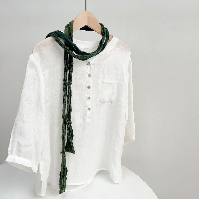 Retro Pleated Ramie Scarf Slender And Narrow Long Silk Scarf Japanese Mori Women Versatile Extended Neck Protector Scarf Shawl