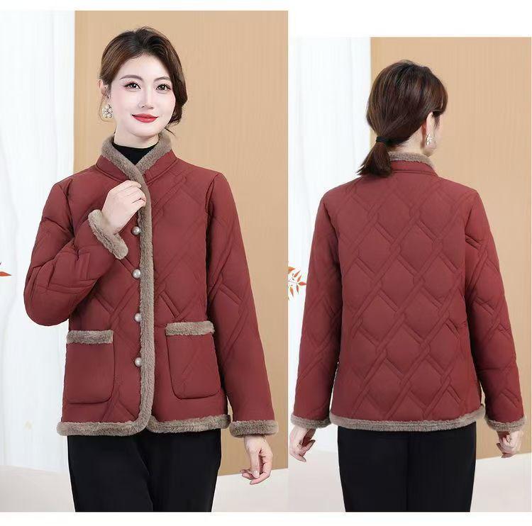 Women's Winter Cotton Jacket: Fleece-Padded, Jacquard Fabric, Age-Reducing, Warm, Chinese-Style, Enhanced Thickness.