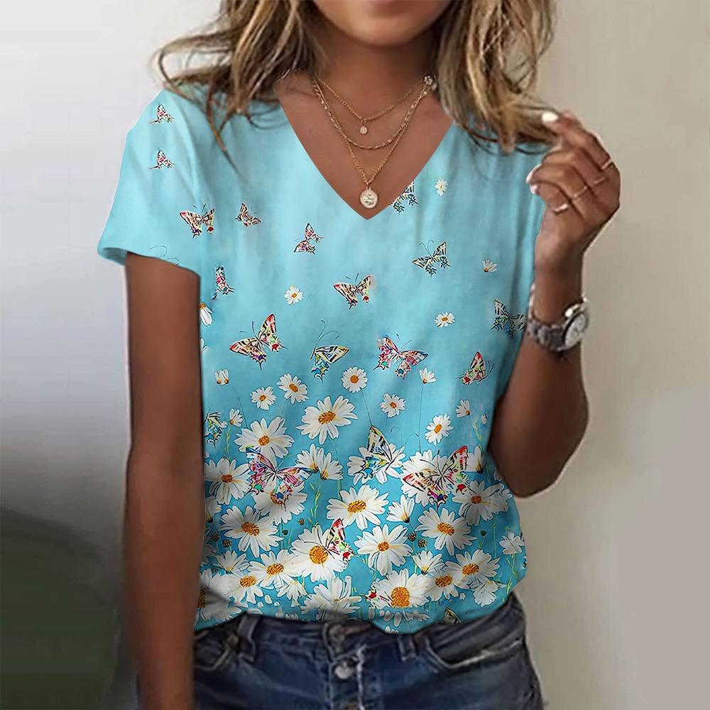New Women T-shirt Simple Graphic Print Oversized Women's Trending Clothing Fashion Short Sleeve Shirt Women V-Neck Blouse 2024