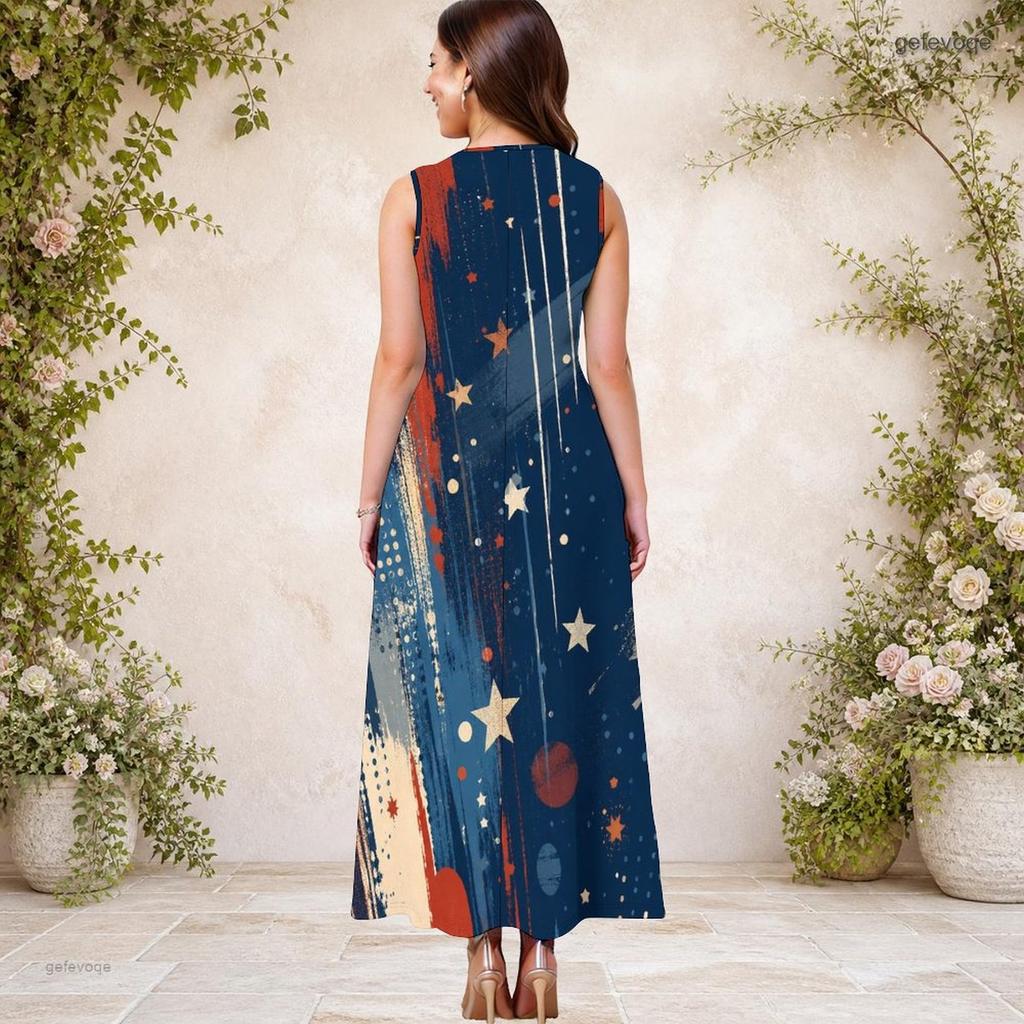 Women Plus Size Keyhole Neck Sleeveless Printed A Line Maxi Dress