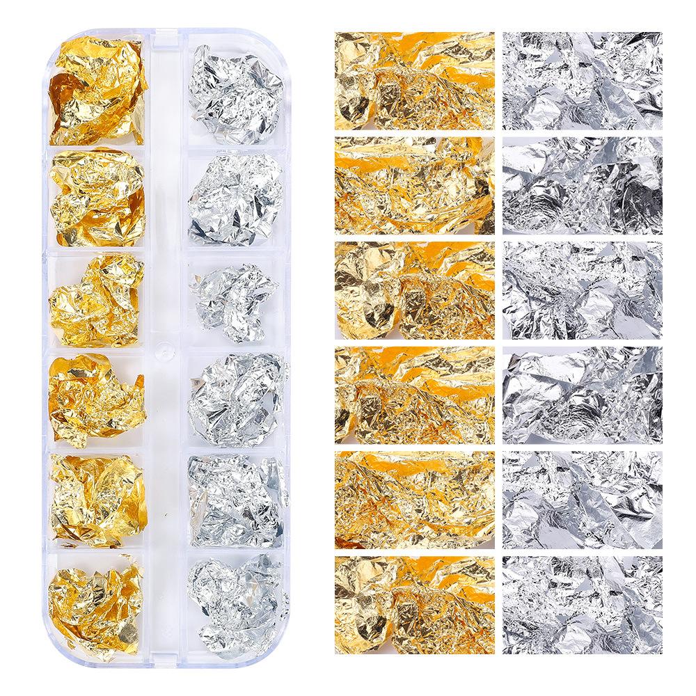 12 Grid Nail Art Gold Foil Paper Japanese Nail Art Highlight Gold And Silver Foil Fragments Box Diy Decorative Tin Foil Nail Sticker