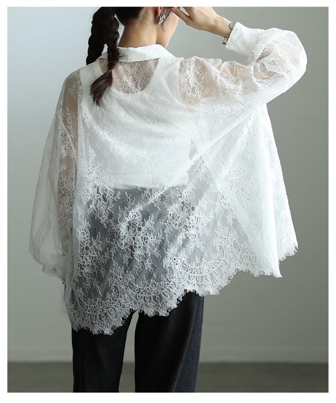 la Layering Fun Lace Scalloped Shirt Top Blouse Cardigan Lace Long Sleeve Layering Sheer Casual Spring Summer Spring Clothes Summer Clothes Free Size