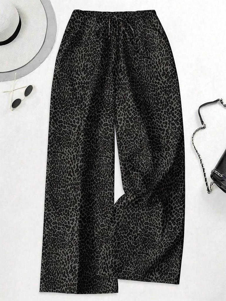 Women's Plus Size High Waist Leopard Print Wide Leg Pants - Summer Casual European American Style