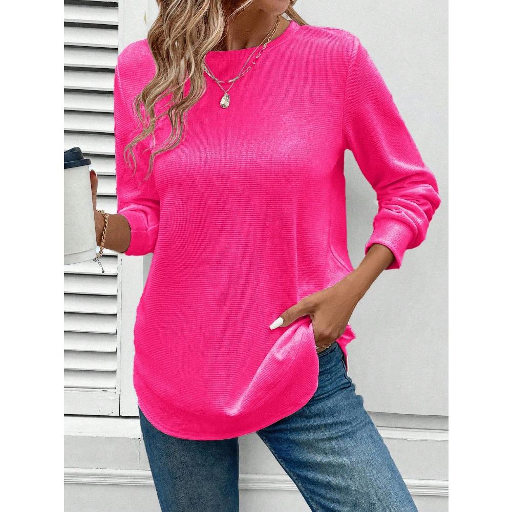 QICED Women's Fashion Casual Solid Color Print Long Sleeve O-Neck Blouses & Shirts