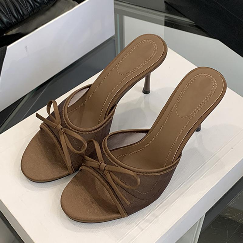 Brand Designer High Heels Slippers for Women Fashion Lace Bow Mesh Summer Sandal Female Party Dress Shoes Zapatos De Mujer