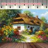 2D Cozy Cottage Garden Backdrop 2D Flat Print Rustic House with Colorful Flowers Background