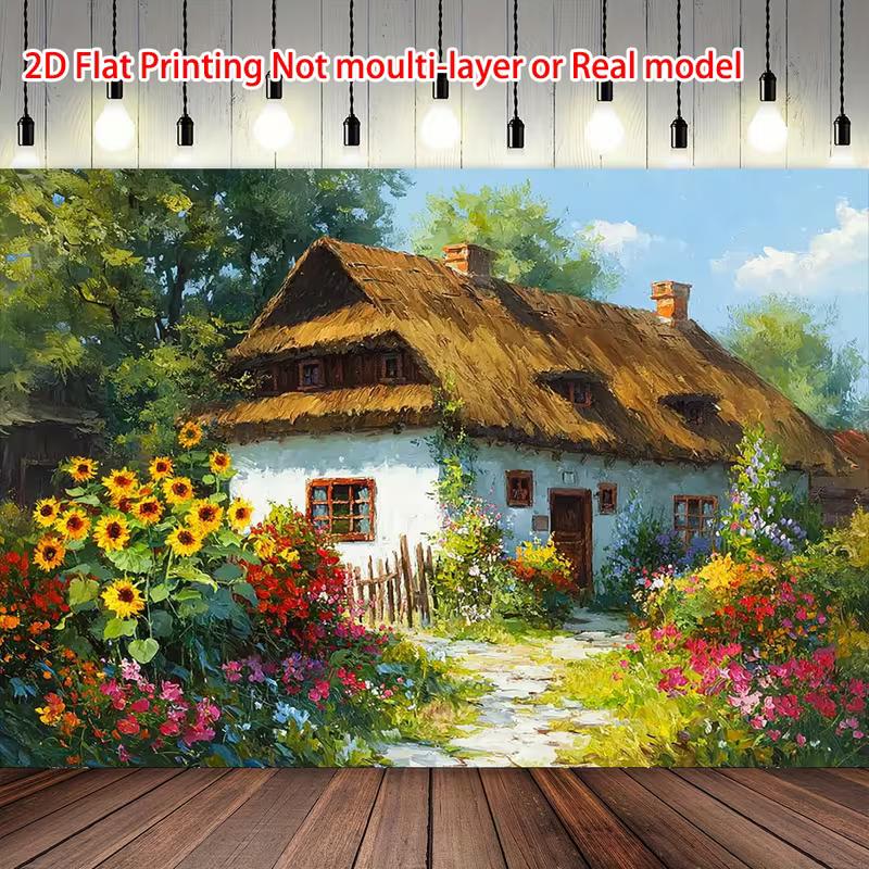 

2D Cozy Cottage Garden Backdrop 2D Flat Print Rustic House with Colorful Flowers Background 47.2x31.5inch/120*80cm