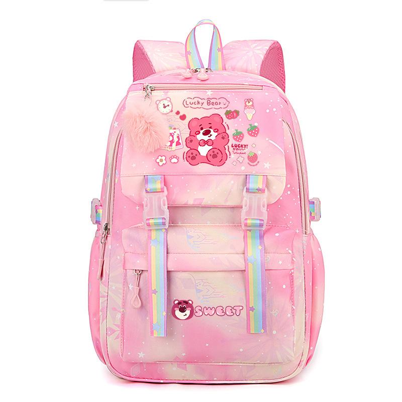 College Style Strawberry Bear Cute Cartoon Print Student Schoolbag Lightweight Ridge Protection Large Capacity