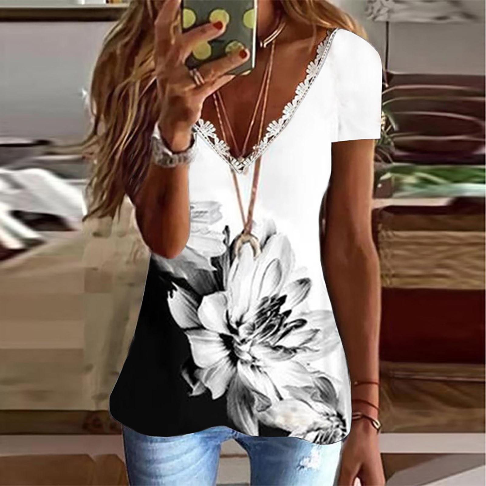 

Women s Casual V-Neck Lace Short Sleeve Feather Floral Print T-Shirt Top XXXL чёрный