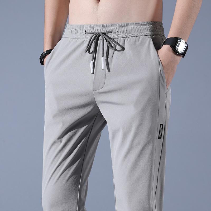 Men's Sports Casual Trousers Ice-Silk Summer Lightweight Style Trendy Versatile Straight-Leg Elastic Waist Loose-Fit Solid Colour Trousers