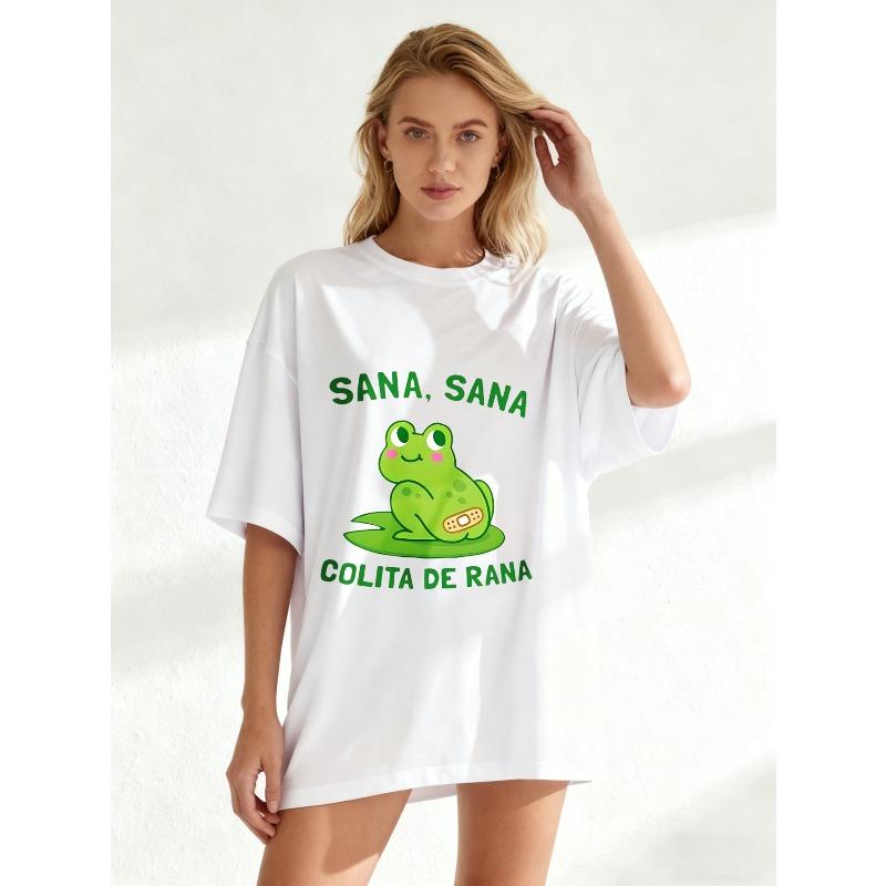Schwarzes Oversize-T-Shirt mit Froschmotiv, Verband und dem Aufdruck „Sana Sana Colita De Rana“ für die Freizeit