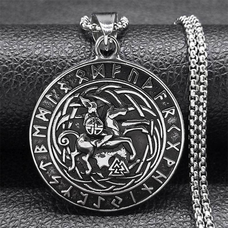 Viking Knight Shield Horse Celtic Knot Necklace for Women/Men Stainless Steel Nodic Odin Rune Protection Chain Jewelry NZZ425S02