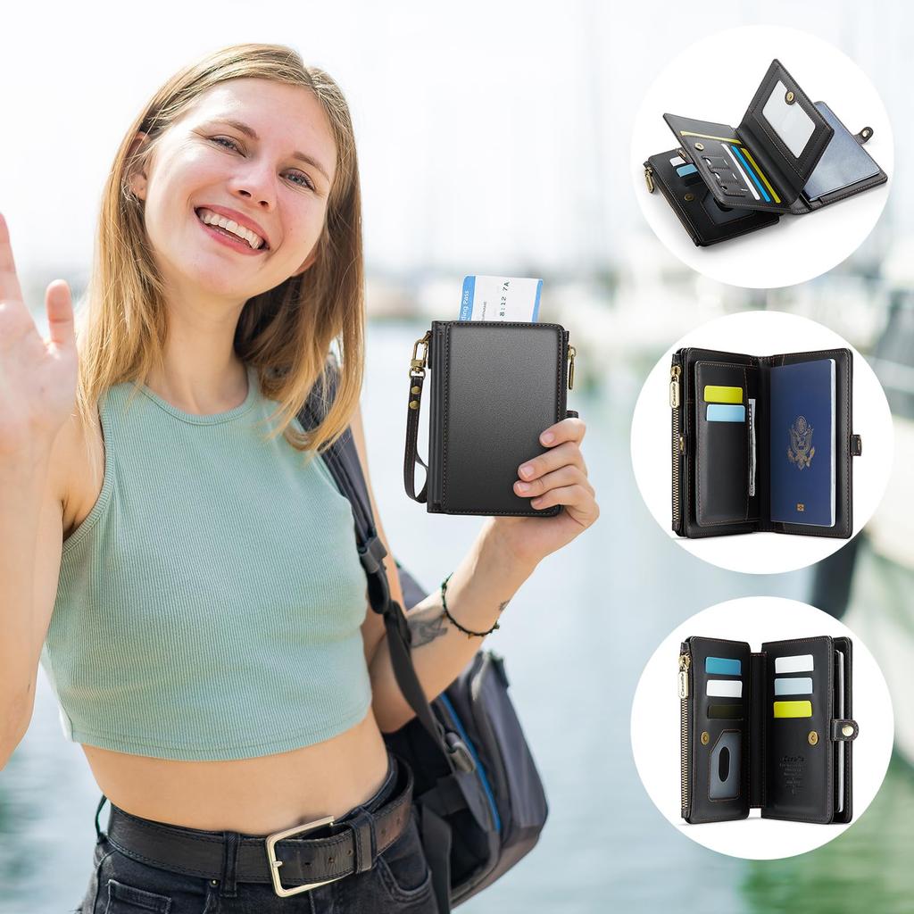 XIMAND Passport Holder Wallet Bag with 11 Card Passport Photo and RFID Blocking Wristlet Strap Black Slots, Pocket, Pocket, -