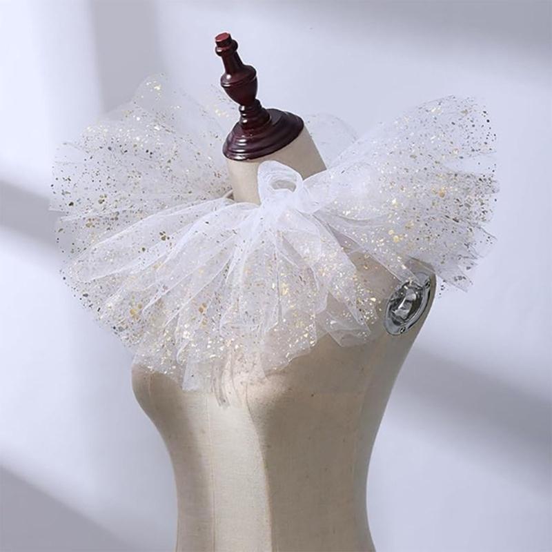 Elegant Victorian Metallic Foil Ruffled Tulle Faux Collar Shawl Detachable Layered Mesh Neck Ruff Clown Cosplay Choker