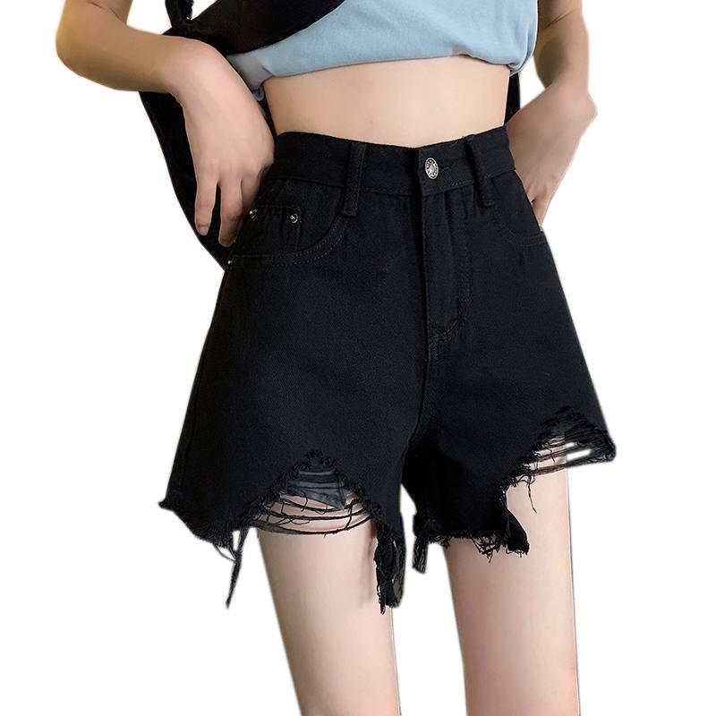 Pantaloncini di Jeans Neri a Vita Alta Comodi Skinny alla Moda e Versatili da Donna Sezione Sottile Gamba Larga Larghi Sottili con Bordo Grezzo Estivi