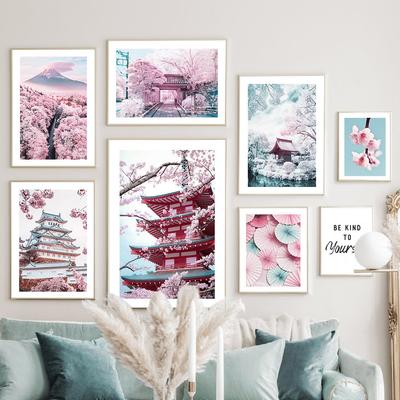 Pink Sakura Mount Fuji Tower Butterfly Japanese Wall Art Canvas Painting Posters And Prints Wall Pictures For Living Room Decor