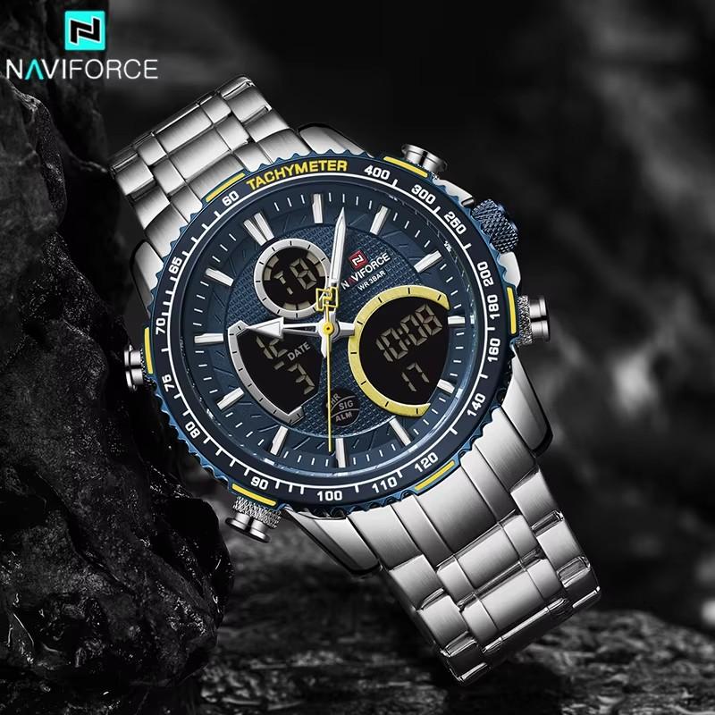 NAVIFORCE 9182 Montre à Quartz pour Homme d'Affaires Montre Numérique LED Lumineuse Montre de Luxe à Double Affichage pour Homme Acier Inoxydable Reloj