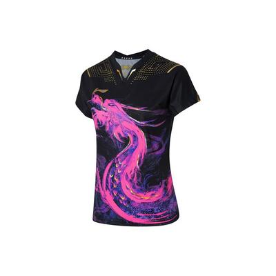 Lining Tischtennis Serie Bunter Druck Atmungsaktives Sport Kurzarm T-Shirt Damen Oberteile Schwarz AAYR360-2