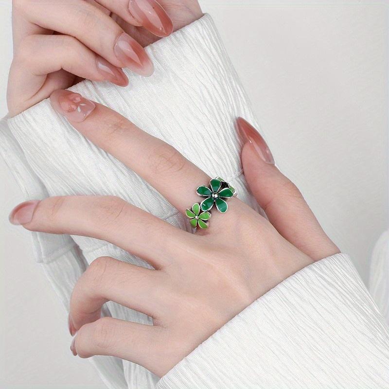 Silver Green Flower Leaf Ring, New Fashionable Rose Daisy Design, Open Design, Delicate Jewelry Item for Girls