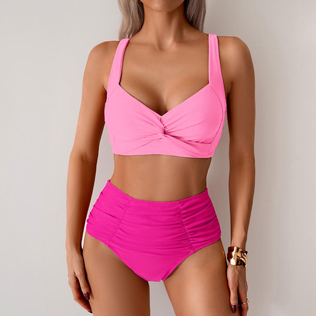 Sexy Černé Dvoudílné Plavky Dámské Jednobarevné Push-Up Polstrovaný Bikini Set Plážové Oblečení Letní Plavky Vysoký Střih Plavky Biquinis