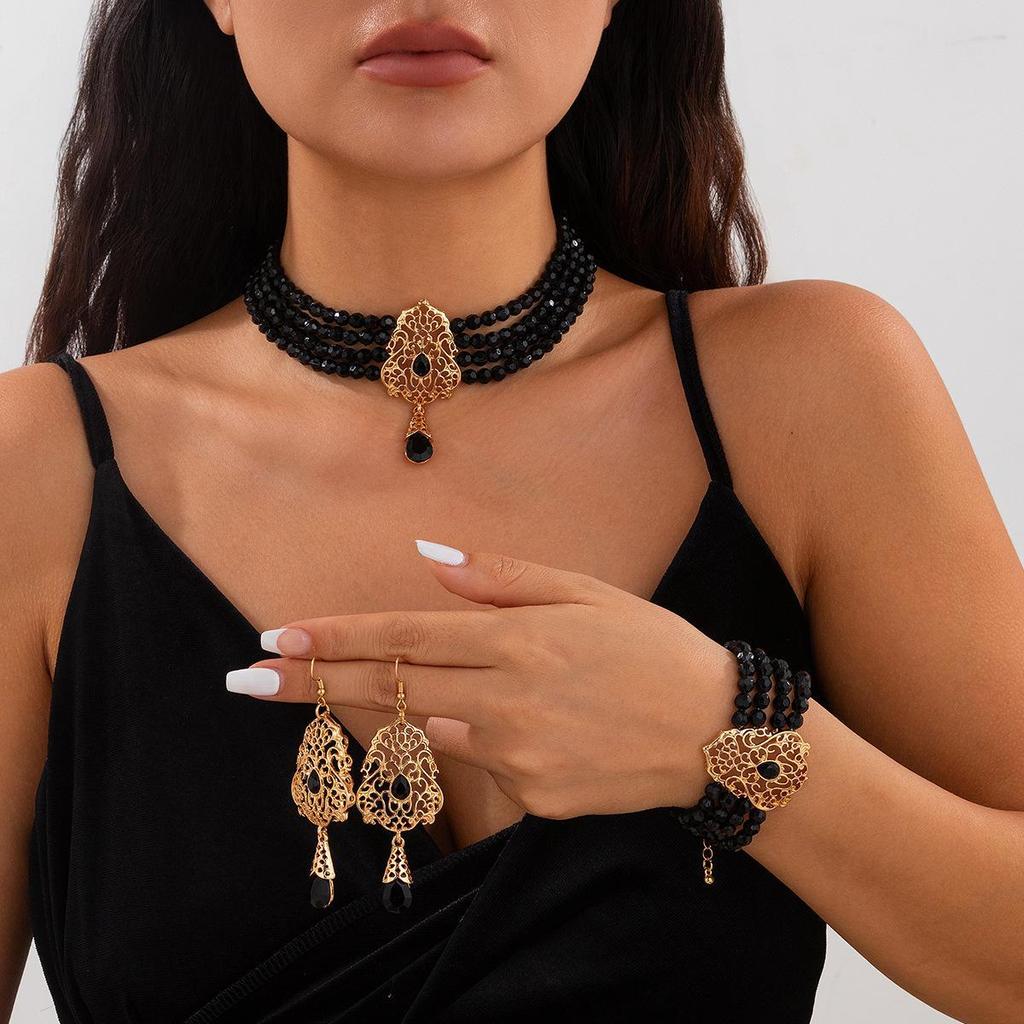"European-American Square Rhinestone & Pearl Beaded Choker Necklace Set”