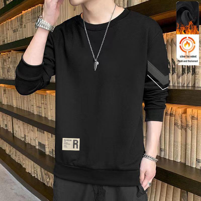 2025 Men's Versatile Trendy Thickened T-Shirt with Long Sleeves and Round Neck