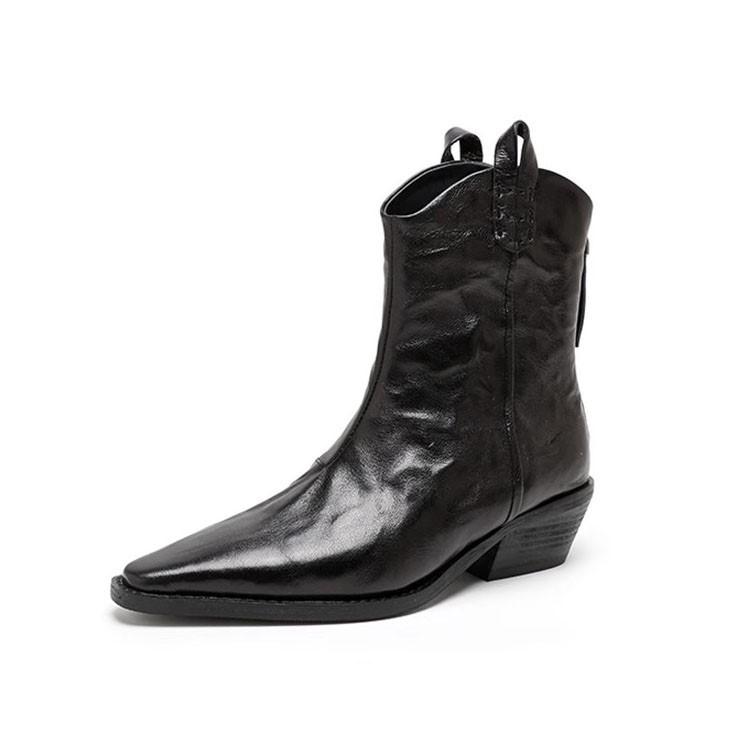 

Stylish pointed V-mouth fashionable versatile retro denim leather thin boots thick heel wrinkled western short boots women s autumn 42 чёрный