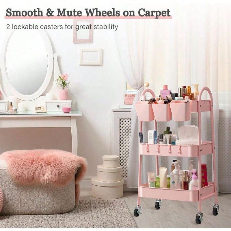 3-Tier Rolling Utility Cart With Lockable Wheels, Mobile Metal Storage Cart With Hanging Cups And Hooks For, Bathroom