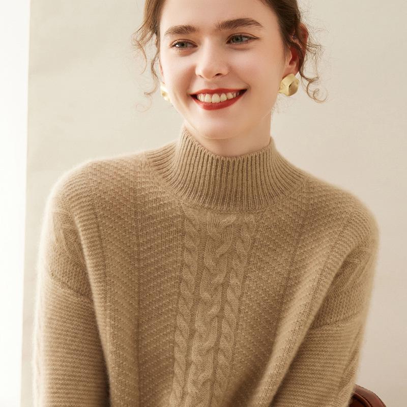 Women's Cashmere Semi-High Neck Long Sleeve Pullover - Solid Color, Casual, Loose, Thickened for Autumn/Winter.