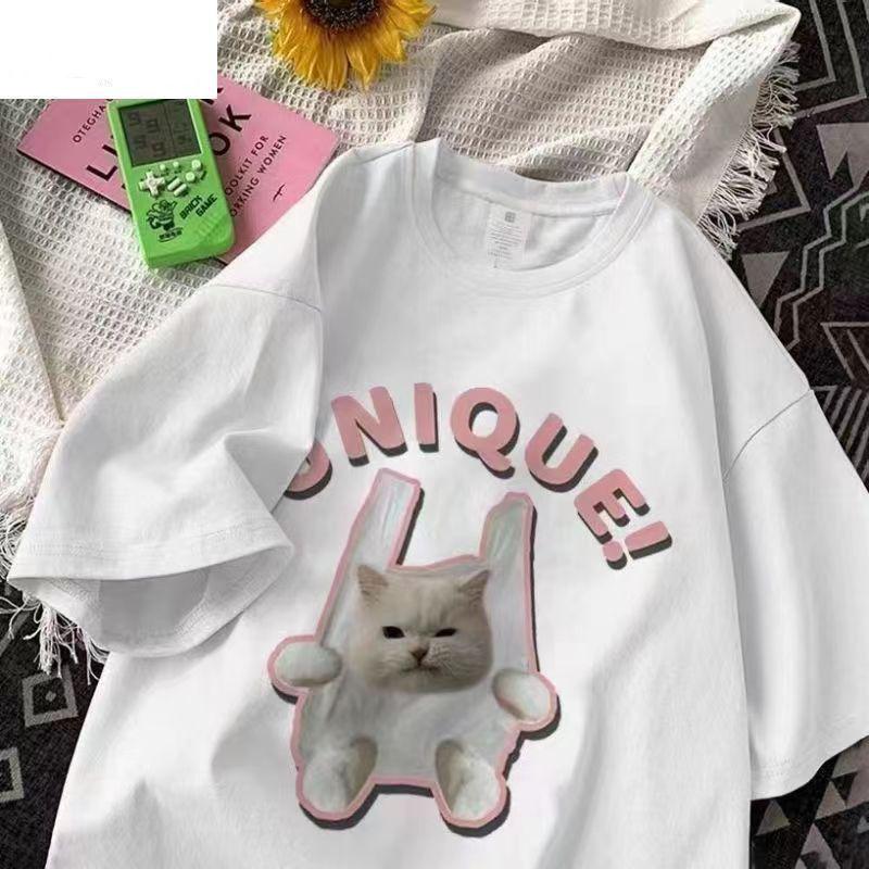 

Летняя футболка из 100% хлопка с принтом кошки, унисекс, свободного кроя, идеально подходит для пар и студентов L (101-115 jin)